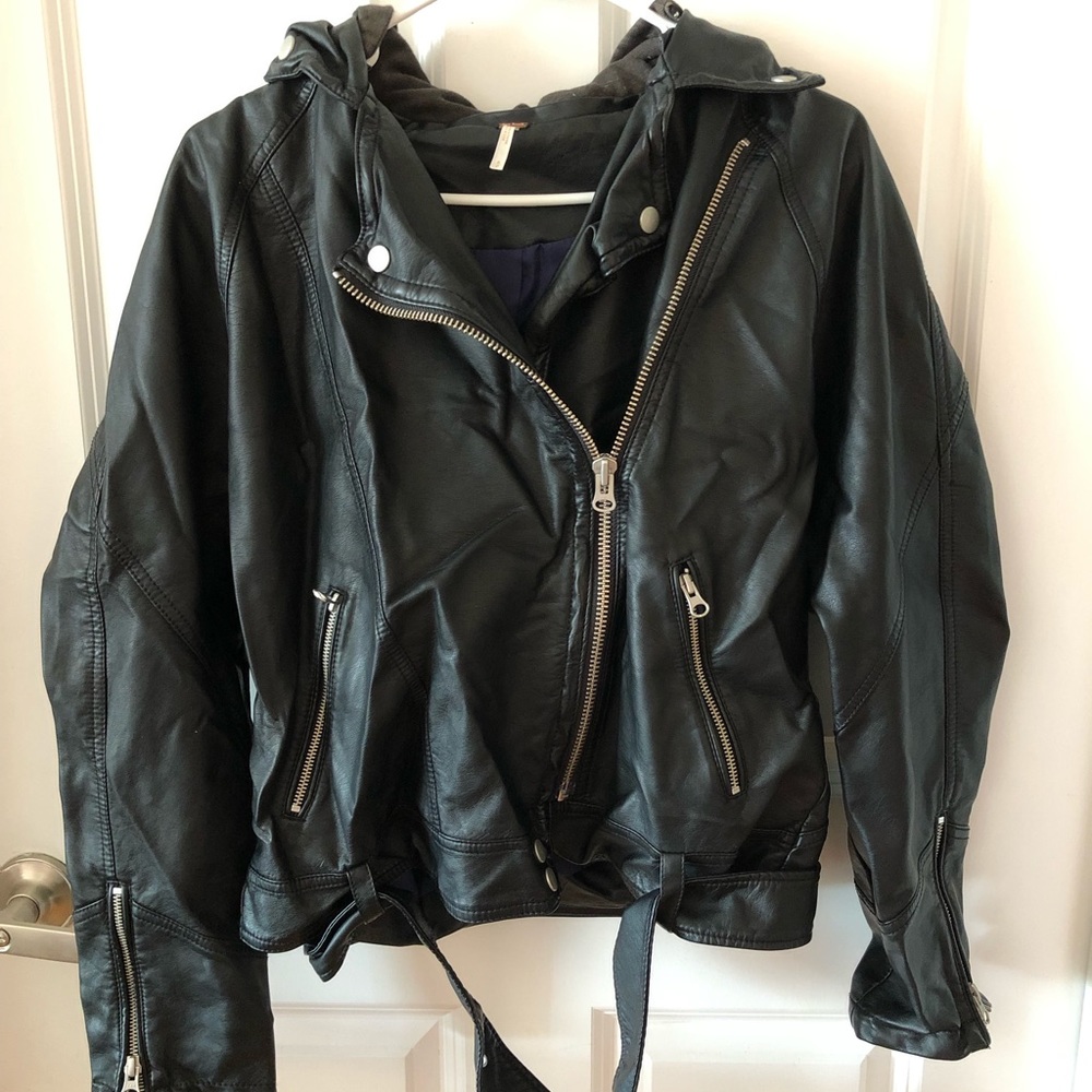 Free People Hooded Vegan Leather Jacket